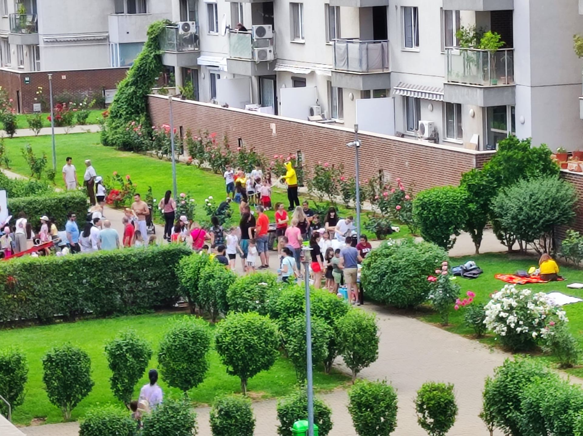 Neighbors working together in a communal courtyard